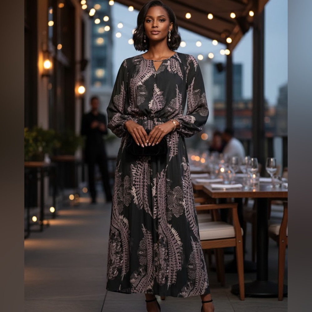 Free People Elegant Black and Cream Long Sleeve Dress